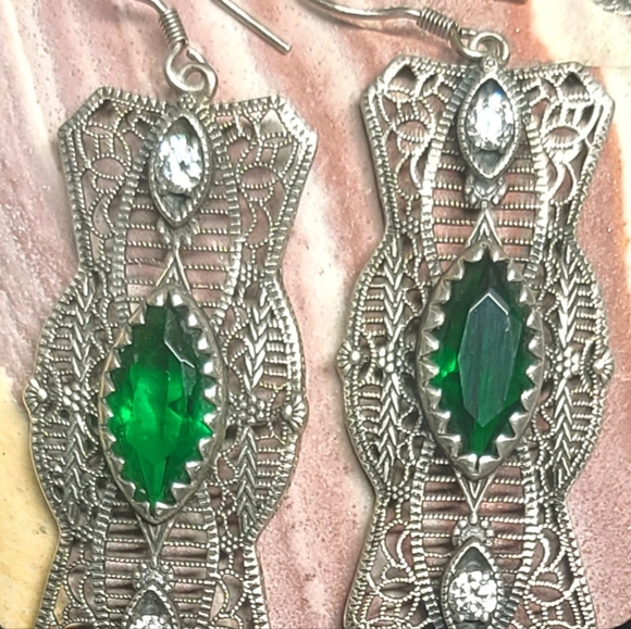 Emerald & CZ Silver Filigree Edwardian Reproduction Earrings - Picture 10 of 11